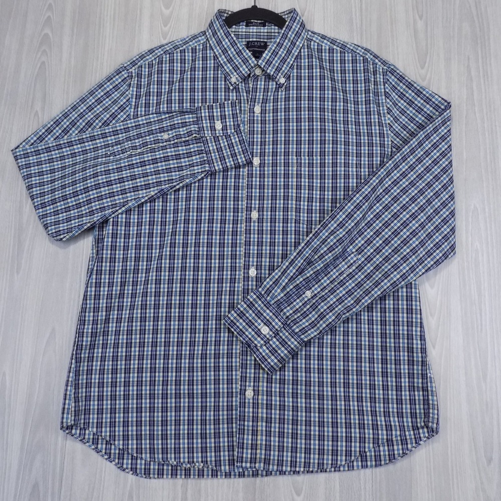J.Crew Performance Shirt Mens L Blue Plaid Slim Untucked Button-Down EUC